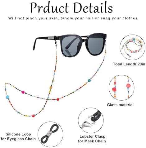 Eyeglass Chain, Colorful Bead Women’s Eyeglass Chain, Mask Lanyard, Beaded Eye Glasses Strap Holders Around Neck For Women, Reading glass Necklace Lanyard (Rainbow Beads)