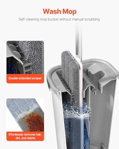 VEVOR Mop and Bucket with Wringer Set, Wet & Dry Use, Flat Mop and Bucket System with 3 Washable Microfiber Pads, Flat Mop with Stainless Steel Handle, Mop Bucket Set for Hardwood Tile Vinyl