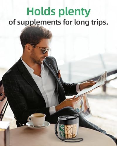 PULIV Portable Pill Dispenser Bottle, Vitamin Organizer with 7 Compartments, Holds Plenty of Supplements, Anti-Mix & Wide Openings Design, Easy to Retrieve Meds, Travel Essentials, Includes 20 Labels