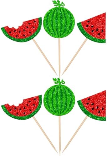 Rsstarxi 24 Pack Watermelon Cupcake Toppers Glitter Summer Tropical Fruit Cupcake Picks Watermelon Baby Shower Cake Decorations for Sweet Summer Watermelon Kids Birthday Party Decorations