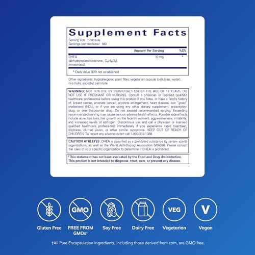 Pure Encapsulations DHEA 10 mg - Adrenal Supplement for Immune Support, Metabolism & Hormone Balance - with Micronized DHEA - 180 Capsules