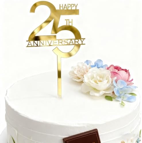 Happy 25th Anniversary Cake Topper, Gold Acrylic Wedding Anniversary Cake Decoration for 25th Company Anniversary Party Decoration Cake Decor Supplies