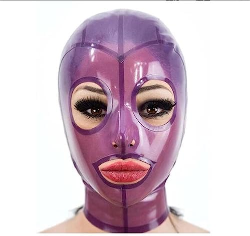 Latex Head Cover Transparent Purple Latex Head Face Hood Latex HeadMask for Cosplay Party Club Wear (L)