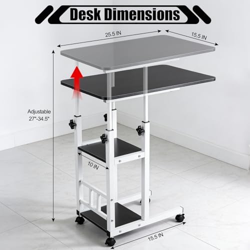 Adjustable C Table,Over Bed Table with Wheels,Rolling Side Table, Over Bed Table with Wheels, Bedside Table, for Sofa Side Small Space, Stable Multi Storage Desk, Black