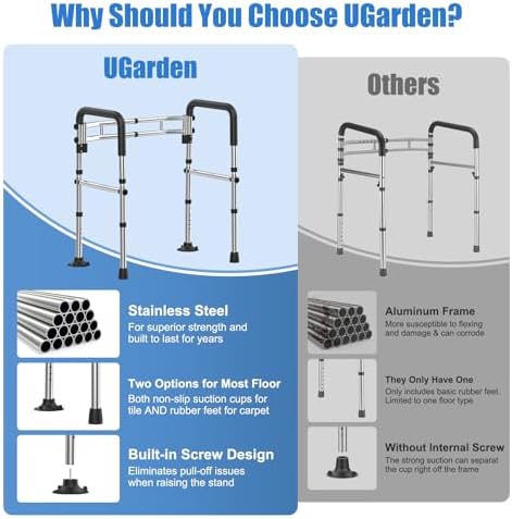 Upgraded Toilet Safety Rails 380LBS, Stainless Steel Toilet Rail Frame, Adjustable Stand Alone Toilet Support with Non-Slip Grips & Suction Cups,Tool-Free Assembly, Fits for Elderly/Disabled