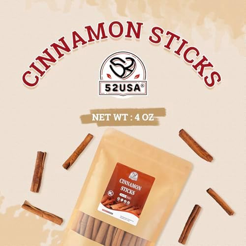 52USA Cinnamon Sticks, Cinnamon 4 oz (113g), Whole Cinnamon Sticks, 100% Raw, Kosher Certified, Gluten Free, Pure & Fresh Cinnamon, Perfect for Baking, Cooking & Beverages