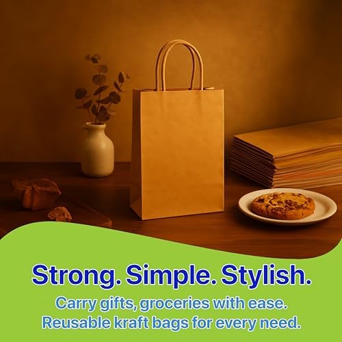 Brown Kraft Paper Lunch Bags with Handles – [25 Bags] x [12 x 10 x 7 Inch] Reusable & Recyclable, Strong for Meal Prep, To-Go, Takeout, Parties & Small Business Use (25, Wide Small)