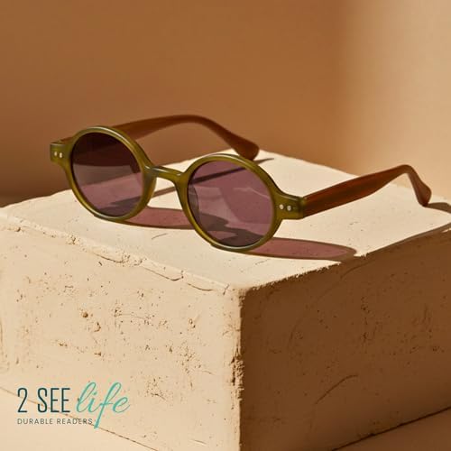 2SeeLife Small Round TR-90 Reading Sunglasses for Men & Women - Narrow-Medium Fit, Sturdy Frame, Spring Hinges, Retro Sun Readers, Green, +2.00