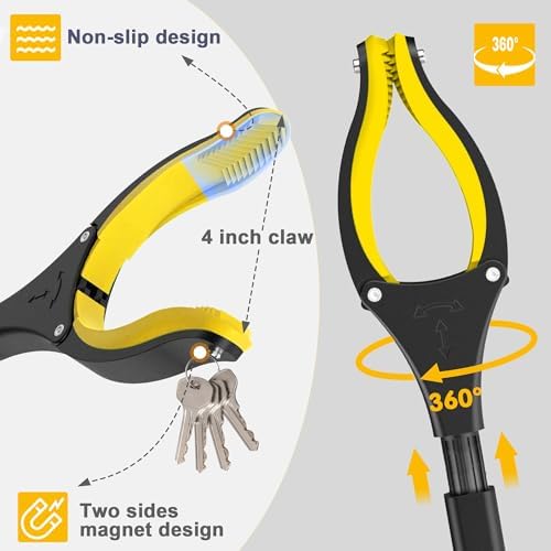 44 Inch Extra Long Grabber Reacher Tool，Foldable Trash Pick Up Stick for Seniors with Strong Grip Magnetic，360°Rotating Anti-Slip Jaw 4" Wide Claw Opening,Hand Grabber for Reaching