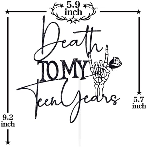 Black Glitter Death to My Teen Years Cake Topper, Old English Gothic Birthday Décor, Funeral Farewell Sweet Youth Themed 20th Birthday Party Decorations Supplies
