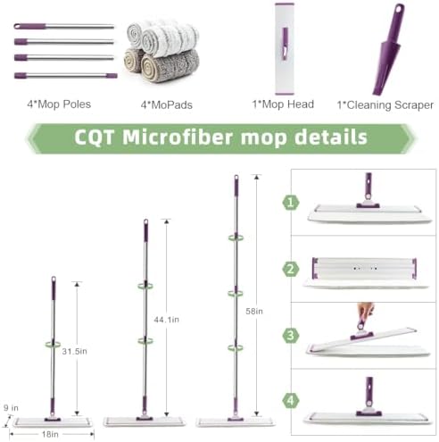 CQT Commercial Flat Microfiber Floor Mop Cleaning System 18" Inch Wet Dry and Dust Hardwood with 4 Washable Pads Cleaner for Laminate Tile Stainless Steel Handle and Extension (PT13-WET)