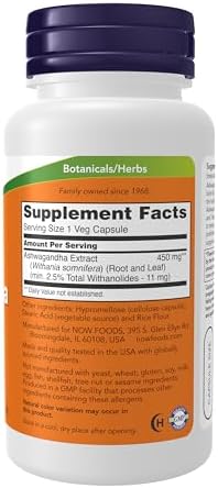 NOW Supplements, Ashwagandha (Withania somnifera) 450 mg (Standardized Extract), 90 Veg Capsules