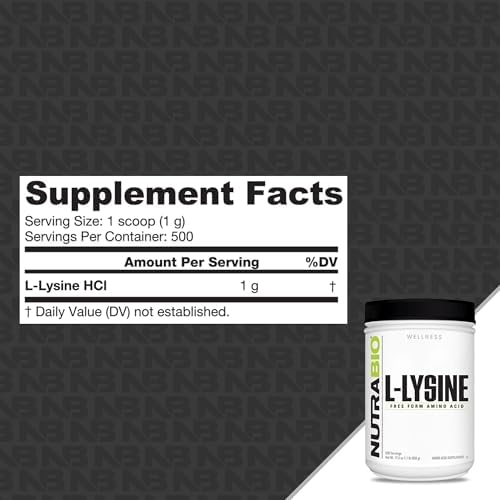 NutraBio L-Lysine Powder 500g – Essential Amino Acid for Protein Metabolism, Collagen Support, & Immune Health – Pure, Unflavored, Non-GMO, Vegan- 500 Servings