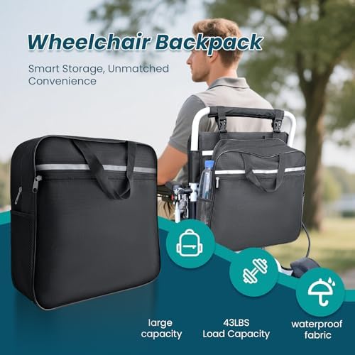 Wheelchair Backpack Bags, Wheelchair Accessories Bag with Cup Holder, Large Storage Pouch Bag with Reflective Stripe and Shoulder Strap for Electric Wheelchair, Mobility Scooter, Manual Wheelchair