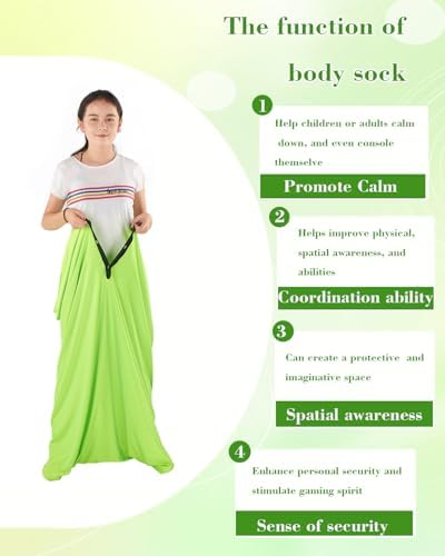 Sensory Sox Body Socks - Full-Body Wrap to Relieve Stress for Individuals with Autism, Anxiety - Deep Pressure Simulation Body Blanket Great for Dynamic Movement (Large 56"x27",Green)