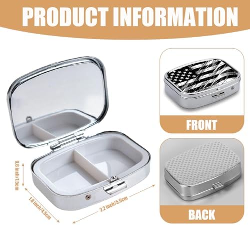 Pill Box-2 Compartment Small Pill Case Square Organizer Case with Mirror Portable Metal Medicine Box Travel Container for Pocket & Purse Women Men（Black USA Flag）