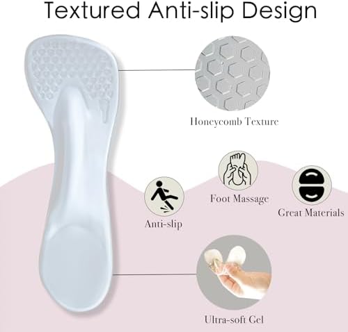 2 Pairs 3/4 Gel High Heel Insoles and 2 Pairs Heel Pads for Shoes, Self-Adhesive Arch Support. Relieves Foot Pain, Fits Pumps, Sandals, Dress Shoes, Flats, Sneakers (Clear, Women's 5-9)