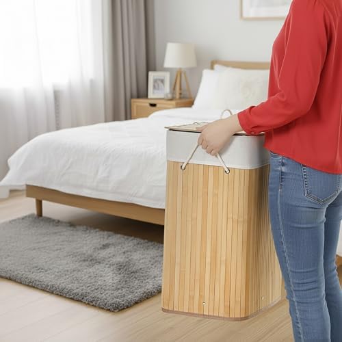 Relaxdays Laundry Basket with Lid, Bamboo, 80 Litres, Foldable Laundry Hamper, H x W x D: 60 x 40 x 30 cm, Natural