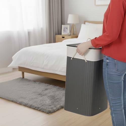 Relaxdays Laundry Basket with Lid, Bamboo, 80 Litres, Foldable Laundry Hamper, H x W x D: 60 x 40 x 30 cm, Grey