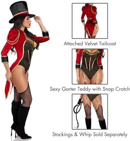 Leg Avenue Women's 2 PC Ravishing Ringmaster Costume Womens Halloween Costumes with Attached Velvet Tail Coat, and Top Hat