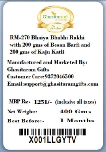 Ghasitaram Gifts Rakhis Online - Rakhi for Brother-RM-270 Bhaiya Bhabhi Rakhi with 200 GMS of Besan Barfi and 200 GMS of Kaju Katli