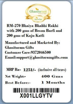 Ghasitaram Gifts Rakhis Online - Rakhi for Brother-RM-270 Bhaiya Bhabhi Rakhi with 200 GMS of Besan Barfi and 200 GMS of Kaju Katli