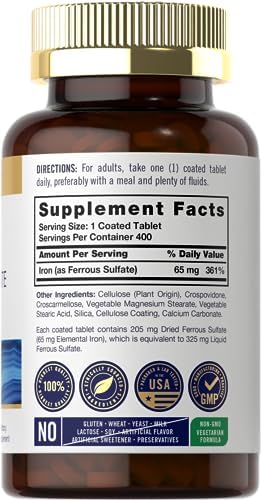 Carlyle Iron Ferrous Sulfate 325mg, 65 mg | 400 Tablets | Non-GMO, Gluten Free, and Vegetarian Supplement | High Potency