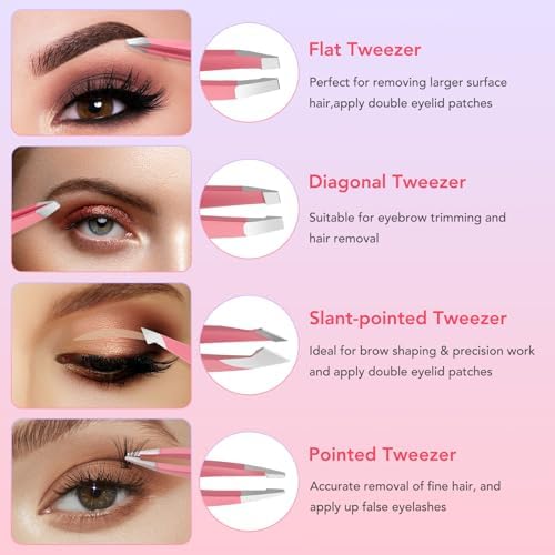 Tweezers Set for Facial Hair Removal Women, 8Pcs Precision Eyebrow Tweezers Nail Clipper Set Eyebrow Plucker Men for Ingrown Hair Removal (Pink)