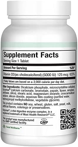 Vitamin D3 5000 IU (125 mcg) - High Dose Vitamin D 5000 IU for Healthy Bones, Teeth, Immune Support - Kosher Non GMO - High Potency Vit D3 - Pure Vitamin D Supplements for Women and Men - 90 Tablets