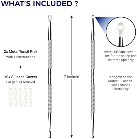 Oravix Tonsil Stone Remover Tool Pack of 2, Metal Tonsil Stone Removal Tool, 7’’ Surgical-Grade Stainless Steel Metal Pick with 10 Soft Silicone Tips, Fight Bad Breath, Safe & Easy