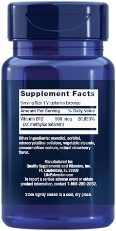 Life Extension Vitamin B12 Methylcobalamin 500mcg - Vitamin B12 Supplement for General Energy and Brain Health - Sugar Free Vegetarian Lozenges Dissolve in Your Mouth - Once Daily - 100 Count