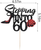Stepping Into 60 Cake Topper,Still Fabulous at 60 Cake Decor,Funny Happy 60th Birthday Party Supplies,Highheel Rose Sign Cheers to 60 Years Black Red Glitter Cake Decorations