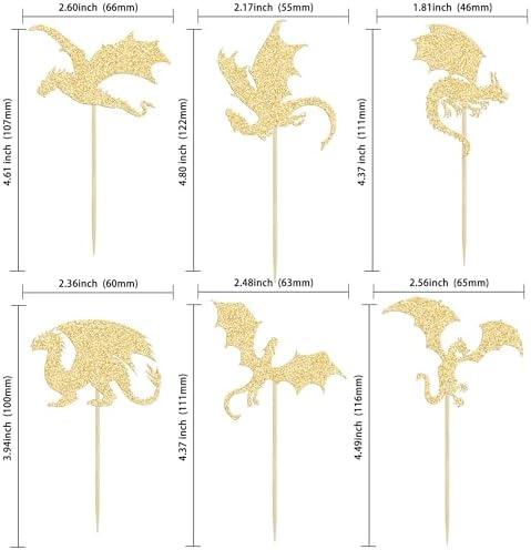 24Pcs Dragon Cupcake Toppers Glitter Fantasy Cool Dinosaur Birthday Cupcake Picks for Medieval Dragon Theme Baby Shower Kids Birthday Party Cake Decorations Supplies Gold