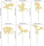 24Pcs Dragon Cupcake Toppers Glitter Fantasy Cool Dinosaur Birthday Cupcake Picks for Medieval Dragon Theme Baby Shower Kids Birthday Party Cake Decorations Supplies Gold