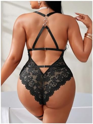 SOLY HUX Women's Plus Size Lace Lingerie Set Deep V Neck Teddy Bodysuit Babydoll Nightwear with Leg Ring