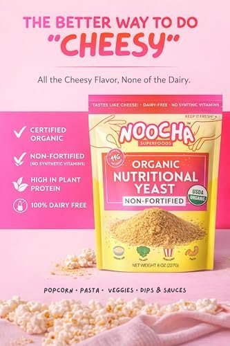 NOOCHA Organic Nutritional Yeast Flakes – Non-Fortified, Vegan Cheese Seasoning, Dairy-Free, Gluten-Free, High Protein Savory Sprinkle for Popcorn, Pasta & Veggies – 8 oz