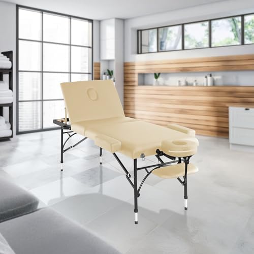 Saloniture Professional Portable Lightweight Tri-Fold Massage Table with Aluminum Legs - Includes Headrest, Face Cradle, Armrests and Carrying Case, Cream