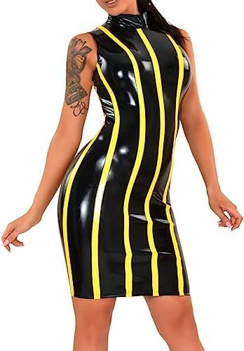 Yellow and Black Trims Sexy Sleeveless Latex Dresses Zipper at Back Rubber,Black-Yellow,Small