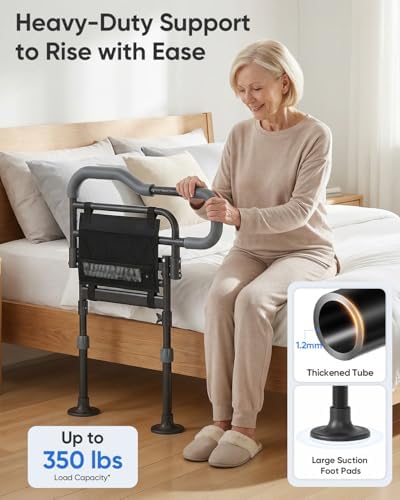 Bed Rails for Elderly Adults Safety, 180° Foldable Bed Assist Rails for Seniors, Non-Slip Handle & Suction Feet, Height Adjustable Bed Cane, Motion Sensor Light, FSA,HSA Eligible, Fits 7-13" Mattress