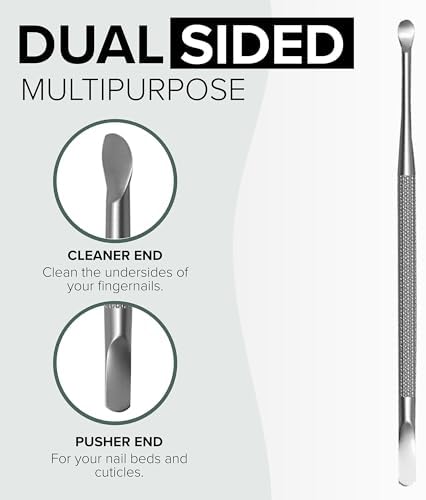 Stainless Steel Nail Cuticle Pusher with Spoon Nail Cleaner - Professional Dual Sided Fingernail Cleaner for Under Nails - Saloon Quality Dual Ended Manicure & Pedicure Tool for Cuticle Care & Nails