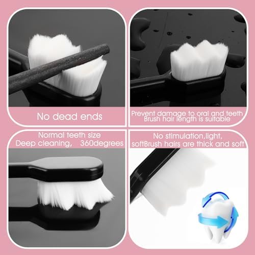 ElevateTech Micro Nano Toothbrushes, 4 Pcs Extra Soft Toothbrush with 10000 Ultra Soft Floss Black Wave Bristles Manual Toothbrush for Adults Kids Sensitive (Black White Pink Green)