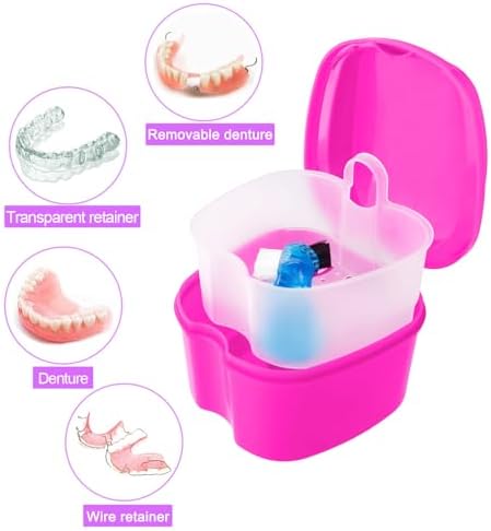 Keedolla 2 Pack Denture Bath Box Cup Retainer Cleaner Case with Strainer Basket, Mouth Guard Cleaning Case Denture Storage Soaking Holder - Black & Rose Red