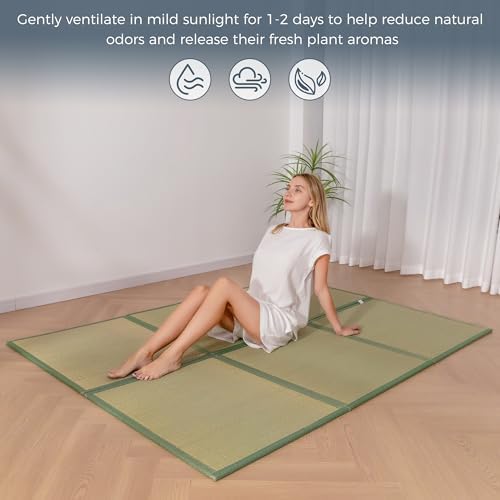 MAXYOYO Japanese Tatami Mat 100% Rush Grass Portable Folding Mat Futon Mattress Firm Traditional Floor Bed 79"x60"x0.47"