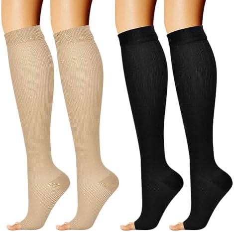 2 Pairs Open Toe Compression Socks Support Knee High Socks Toeless Workout Support Socks Circulation Compression Stockings