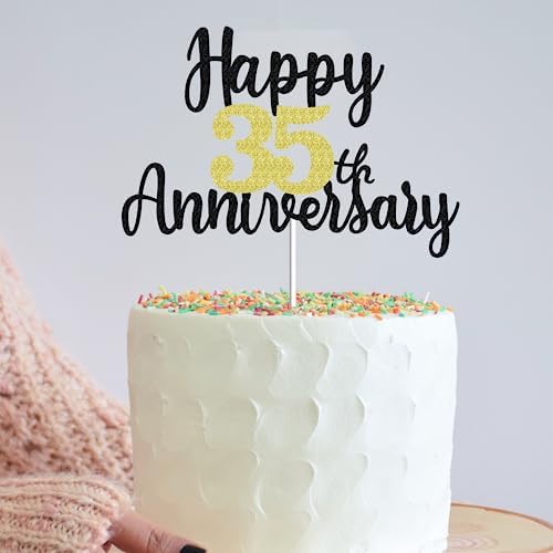 Happy 35th Anniversary Cake Toppers Glitter, Cheers To 35 Years Party Decorations 35th Anniversary Cake Decor, Thirty-five Theme Cake Decorations For Wedding Birthday Company Anniversaro(Black Gold)
