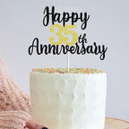 Happy 35th Anniversary Cake Toppers Glitter, Cheers To 35 Years Party Decorations 35th Anniversary Cake Decor, Thirty-five Theme Cake Decorations For Wedding Birthday Company Anniversaro(Black Gold)