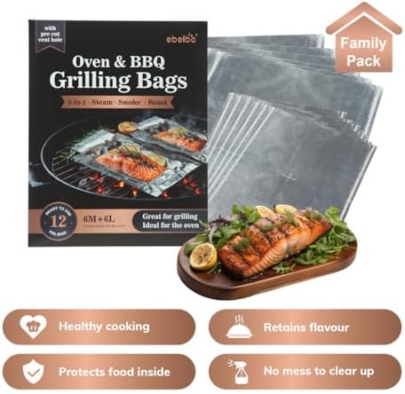 Upgrade Grill Bags with Pre Cut Vent Hole Family Pack Aluminum Foil Portable Disposable BBQ Bags for Roasting Grilling Cooking Steaming and Smoking - Size 11.8"x8" & 15.5"x10" 12 Count - 1 Pack