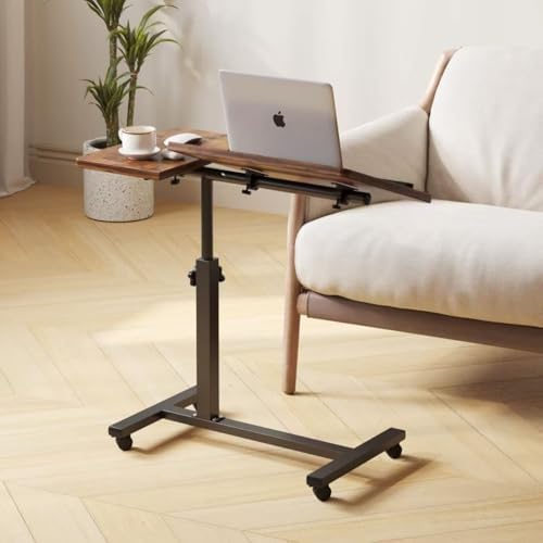 Overbed Tables,Bedside Table,Adjustable Height＆Protable Standing Rolling Desk,C-Shaped Home Office Desk for Livingroom and Bedroom,Brown