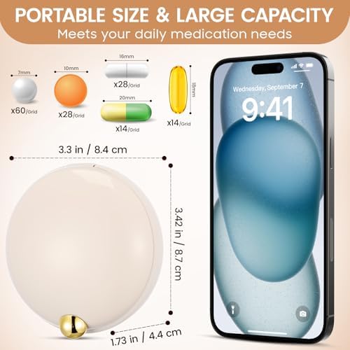 iplusmile Travel Pill Organizer for Purse, Aesthetic Daily Pill Case with 4 Compartments, Moisture Proof Portable Medicine Box for Large Vitamins, Fish Oil & Supplements (Beige)