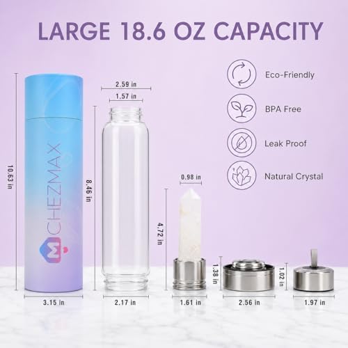 ChezMax Crystal Glass Water Bottle, Glass Water Bottles with Changeable Natural Crystal Center, Quartz Gemstone Water Bottle for Natural